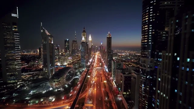 Sheikh Zayed Road, Dubai, United Arab Emirates   Night Drone Video